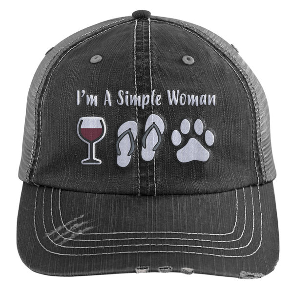I am a simple woman wine flip flops dogs embroidered distressed trucker cap