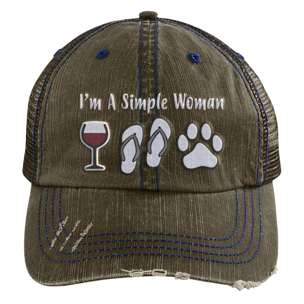 I am a simple woman wine flip flops dogs embroidered distressed trucker cap