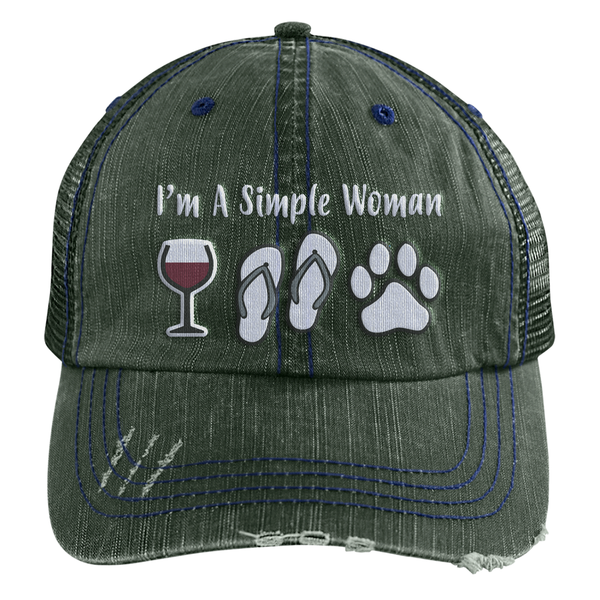 I am a simple woman wine flip flops dogs embroidered distressed trucker cap