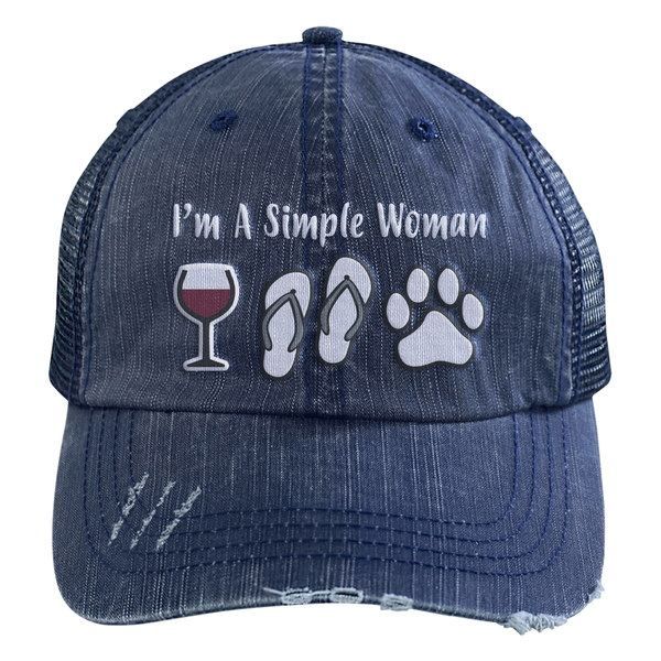 I am a simple woman wine flip flops dogs embroidered distressed trucker cap